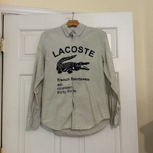 Lacoste Button-Down Shirt with Giant Croc Logo Light Beige Slim Fit Medium M